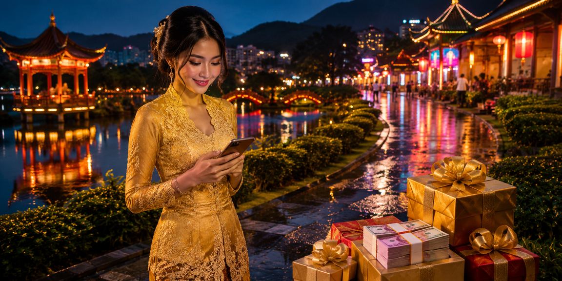 Pemain kasino Malaysia dalam pakaian kebaya menikmati permainan mudah alih